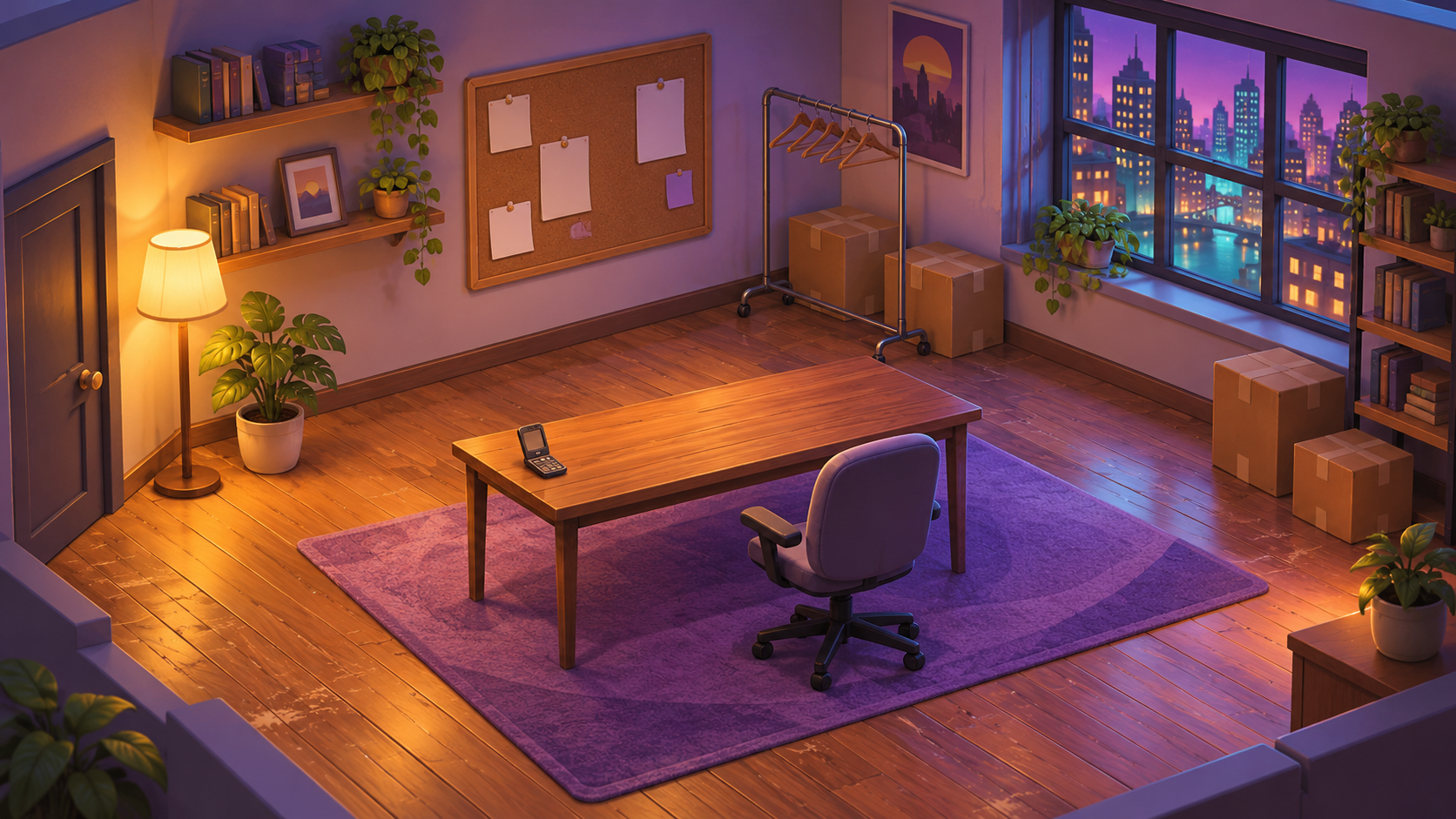 A cozy starter studio with a bare desk, flip phone and evening city view